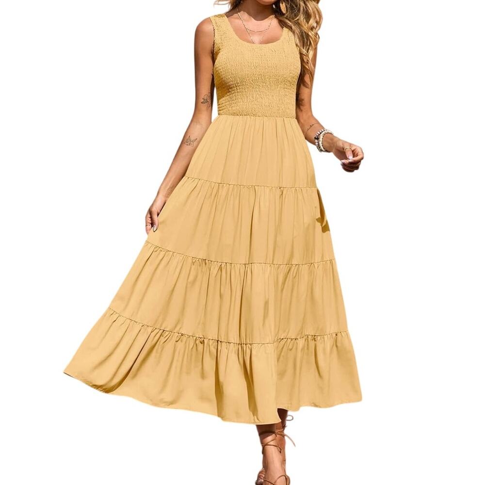 Fashion Maxi Dress L Yellow Boho Summer Cottagecore Smocked Feminine Tiered NEW
